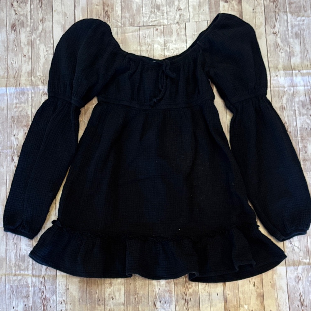 Black Waffle Knit Casual Dress